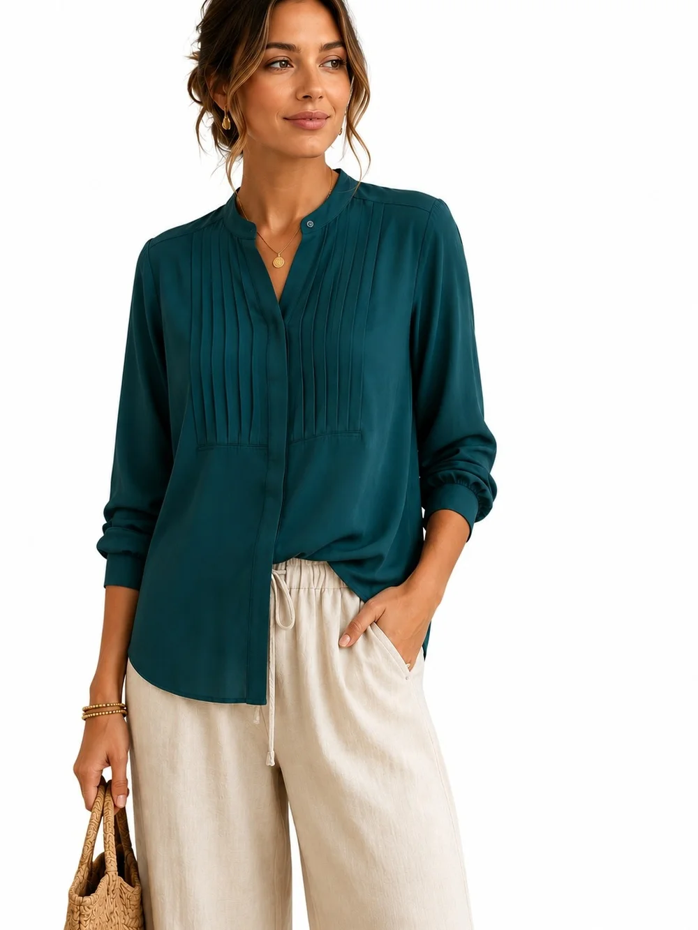 J.Crew Pintuck Blouse XL Dark Teal Hidden Button Long Sleeve Career Top